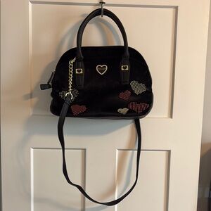 Betsy Johnson Heart-Embellished Black Velvet Handbag EUC